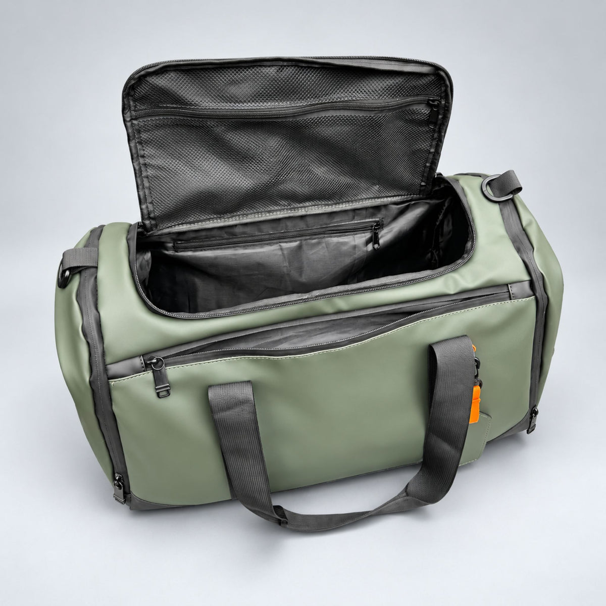 Green Transit duffle bag with pockets open #Colour_Green
