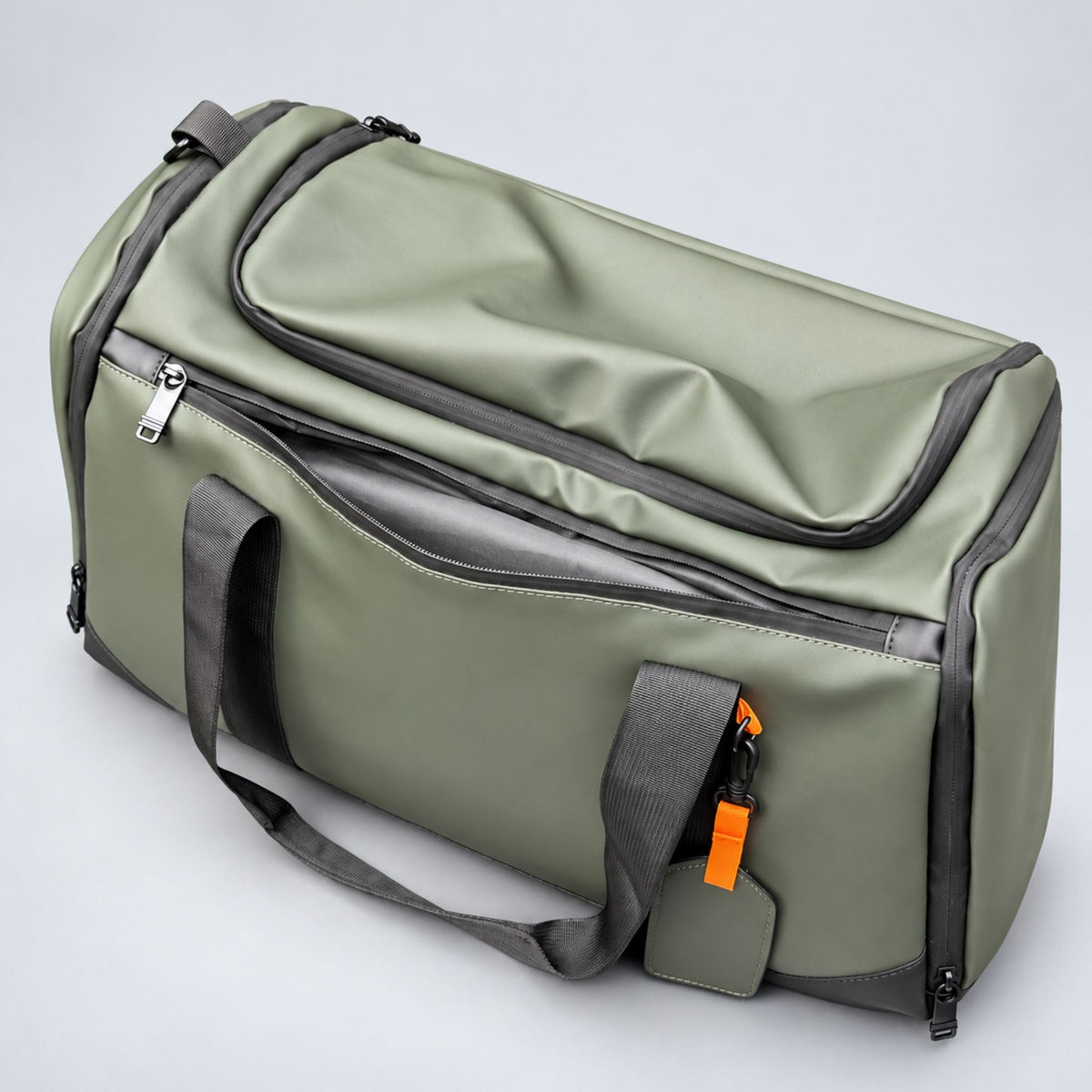 Green Transit duffle bag with laptop pocket open #Colour_Green