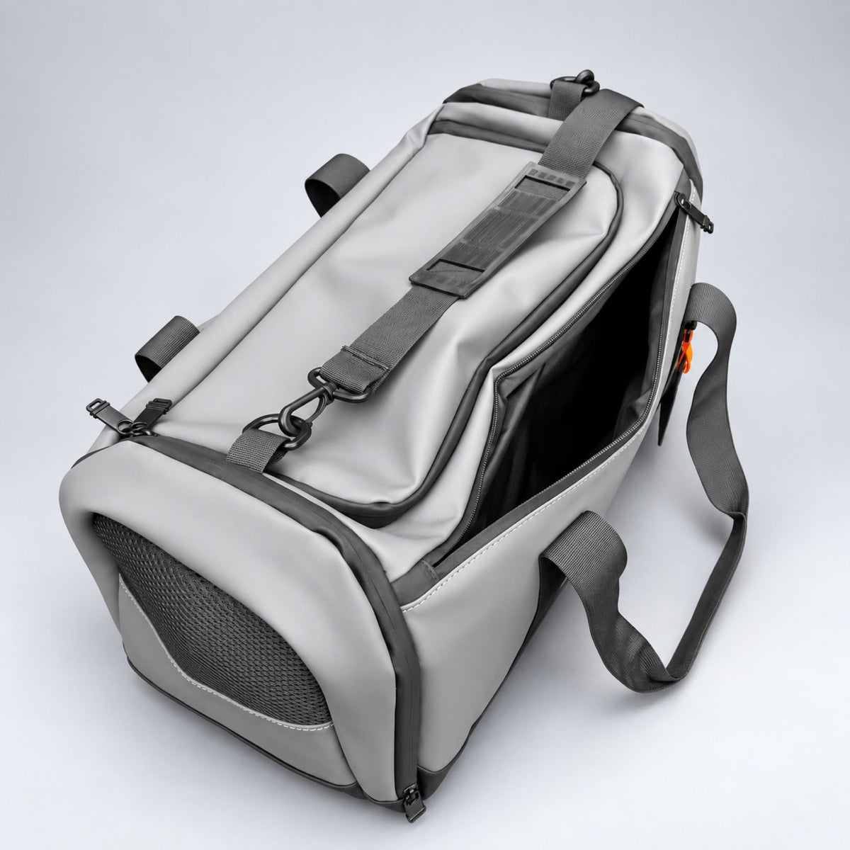 Grey Transit duffle bag with laptop pocket open #Colour_Grey