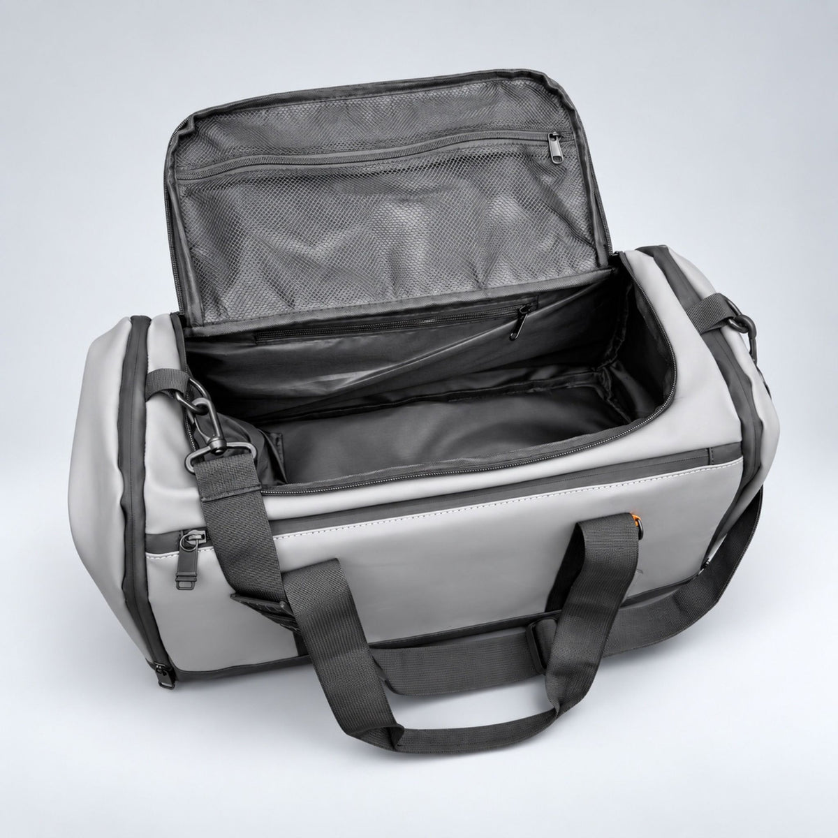 Grey Transit duffle bag with pockets open #Colour_Grey